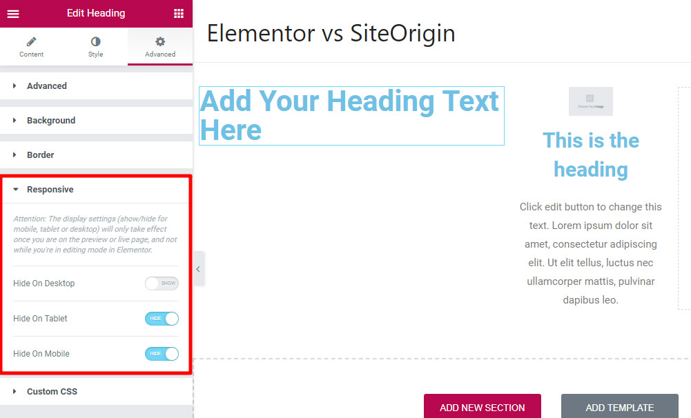 Elementor responsive settings