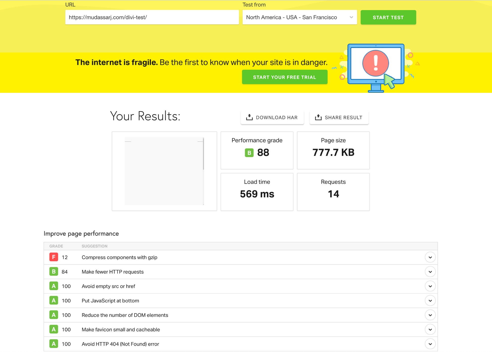 divi test page speed test pingdom