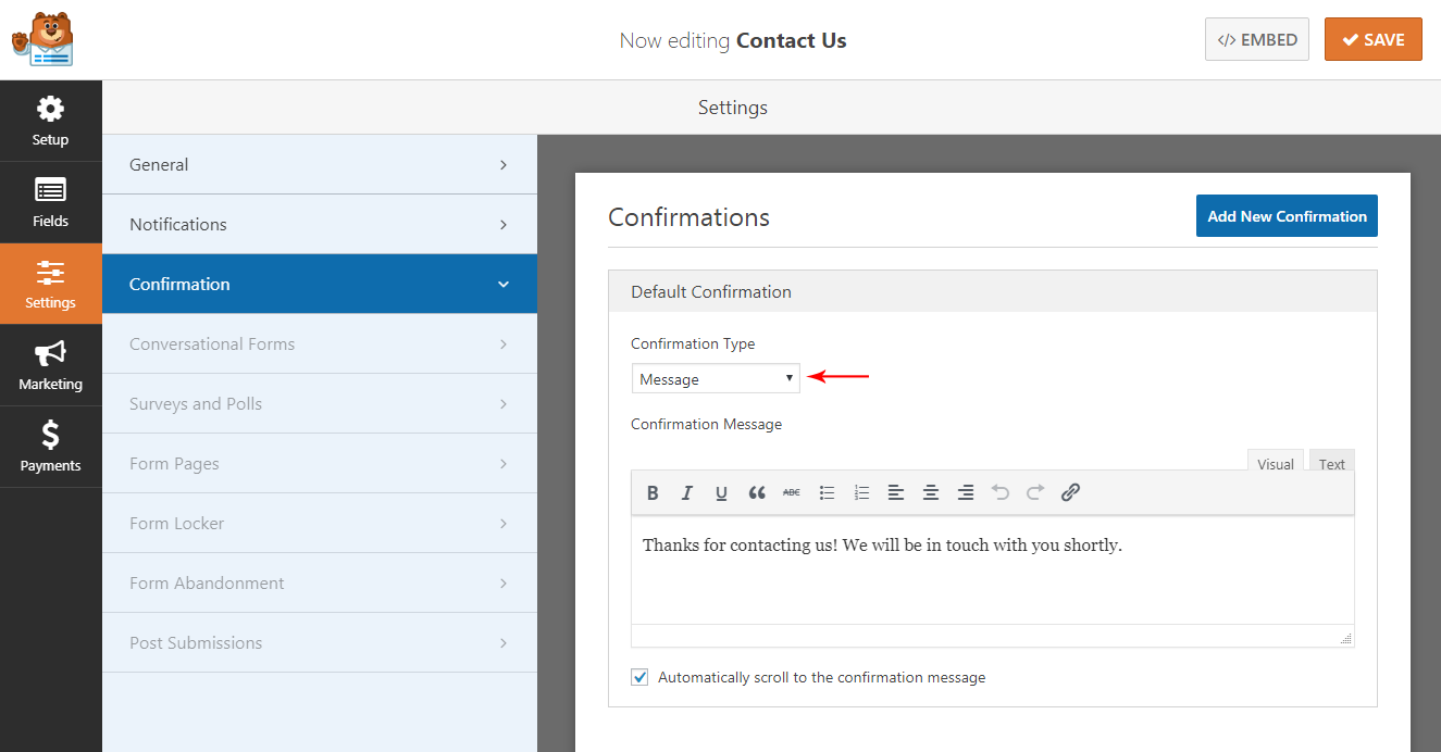 WPForms confirmation message setting