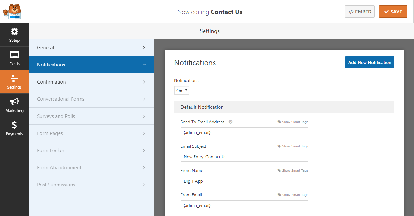 WPForms forms notification settings