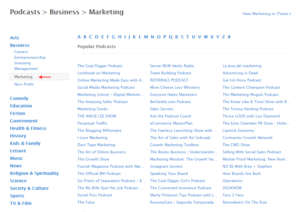 Apple Podcasts list for Marketing