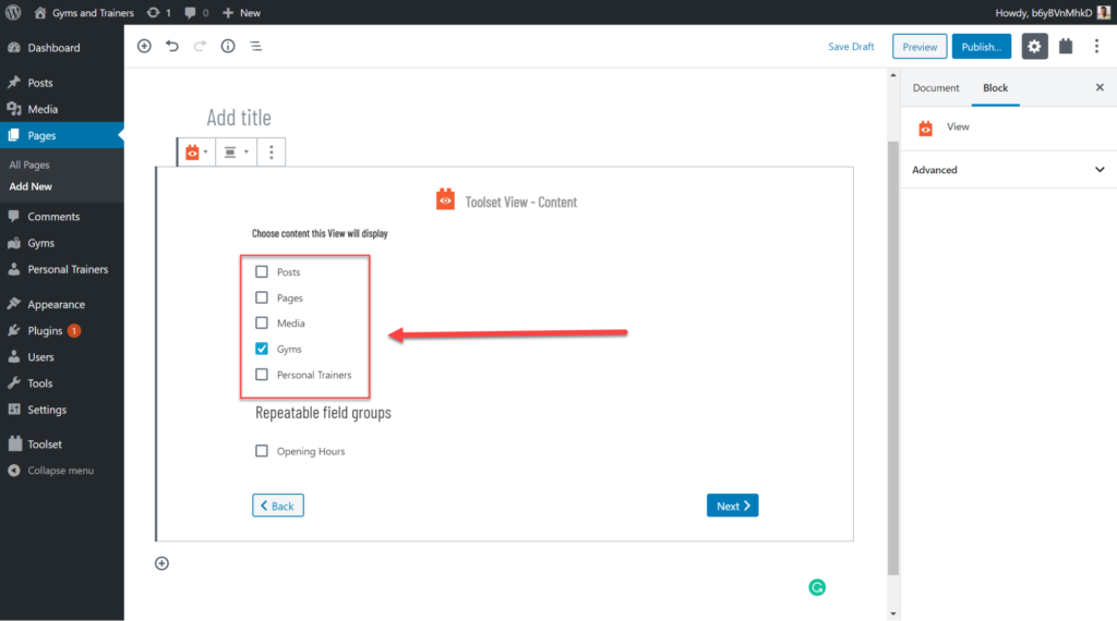 selecting custom post types on toolset