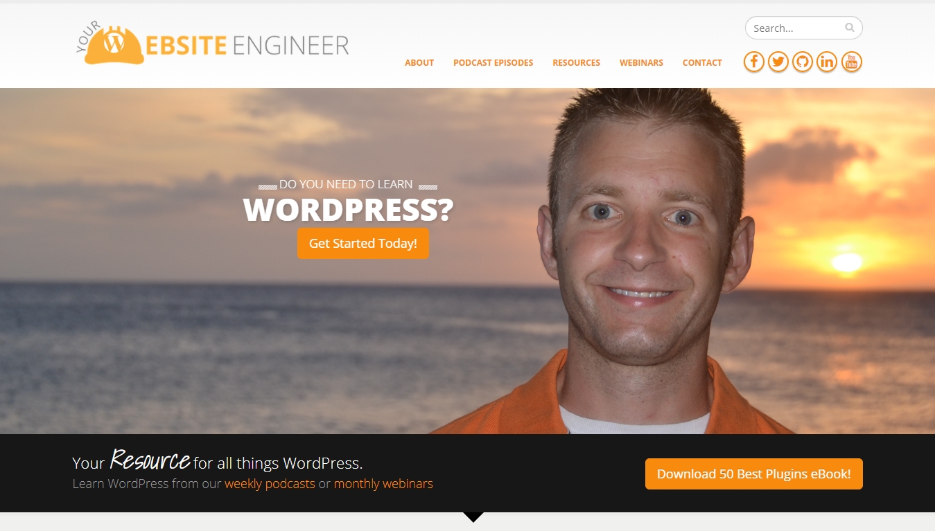 Your Website Engineer podcast homepage with get started today button