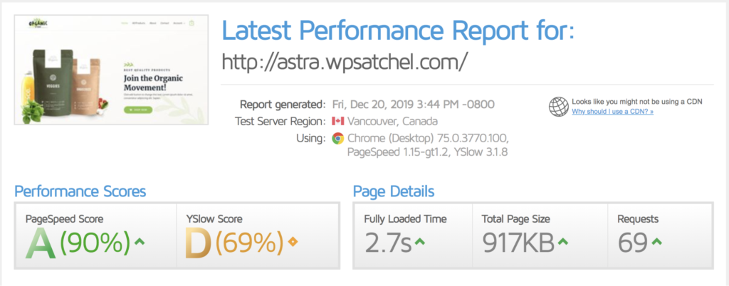 wp super cache speedtest results with 2.7s load time