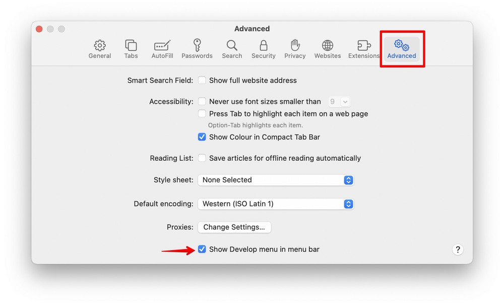 advanced menu for safari preferences