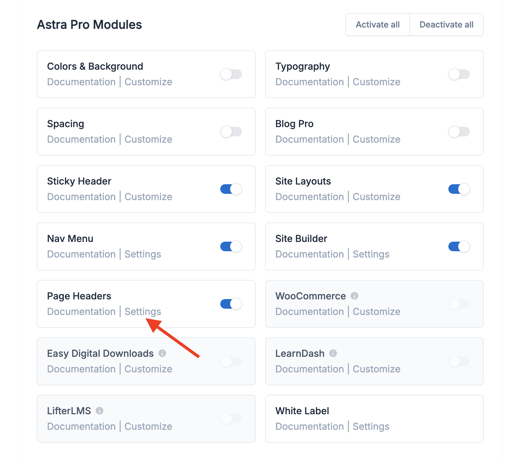 astra dashboard - page header module