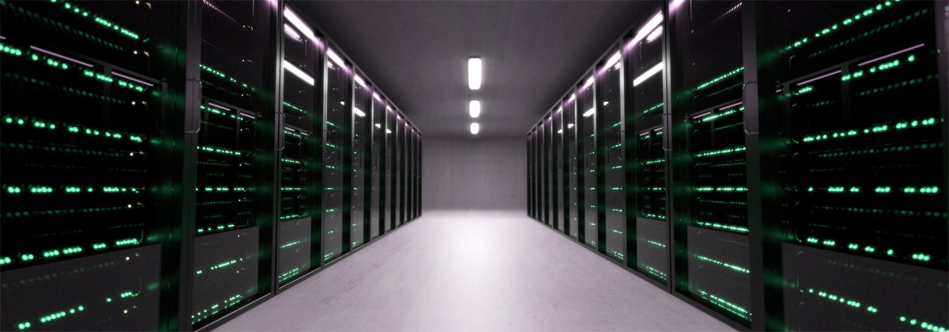 Server room with server racks lined together