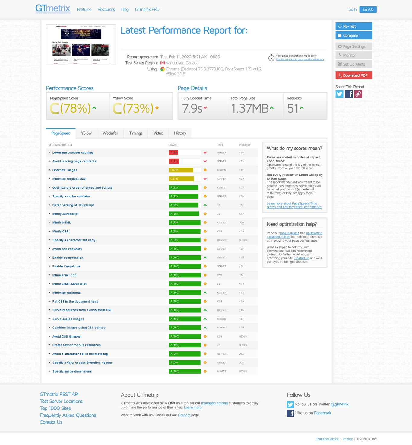 Site speedtest results on another shared hosting platform