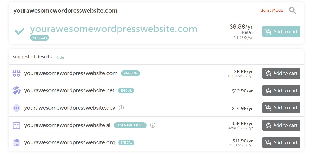 Different price options for purchasing a domain 