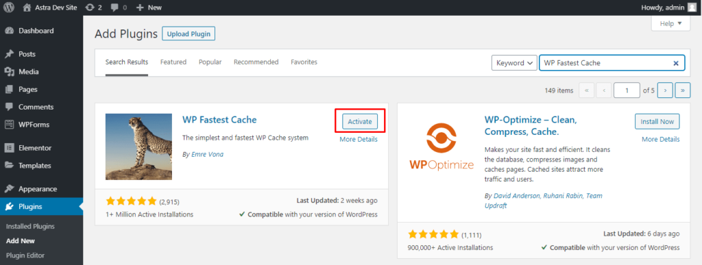 Activating WordPress Fastest Cache from the plugin search screen