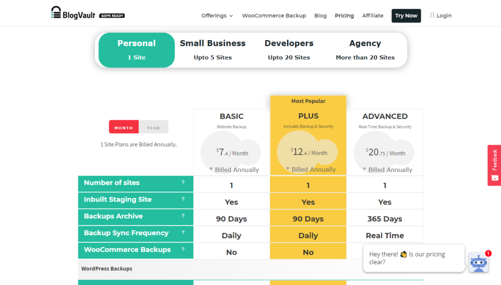 BlogVault pricing table with basic, plus, and advanced pricing