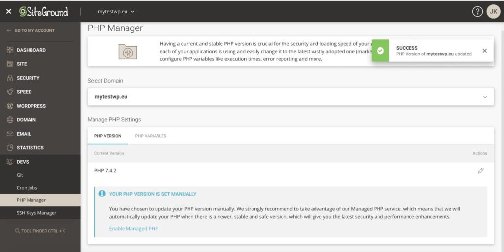 Success screen after changing the PHP version on the SiteGround Hosting