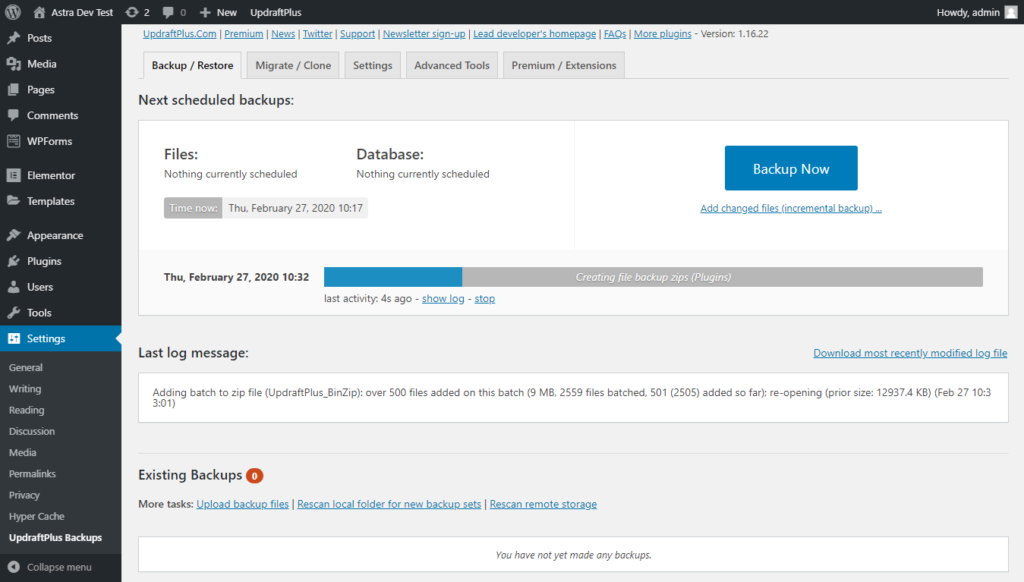 UpdraftPlus backups running