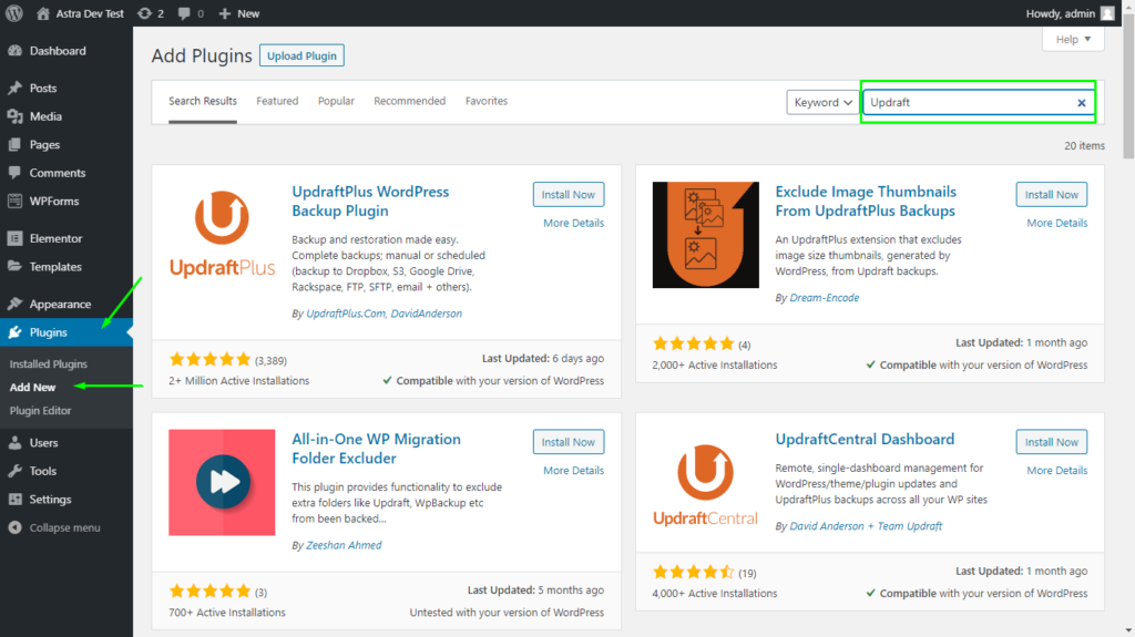 Searching for the UpdraftPlus plugin on the WordPress plugin page