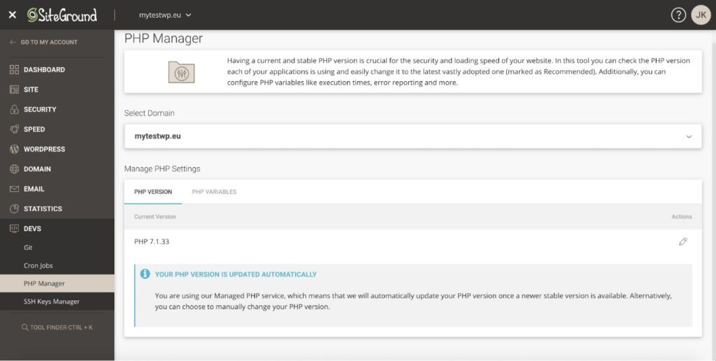 SiteGround hosting PHP manager on the dev tools