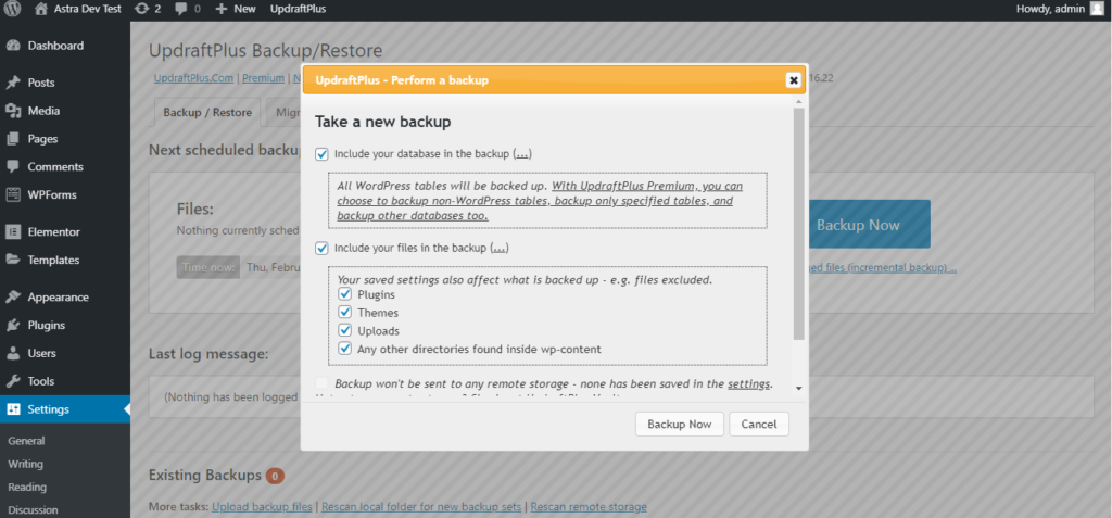 Taking a new backup from UpdraftPlus Plugin