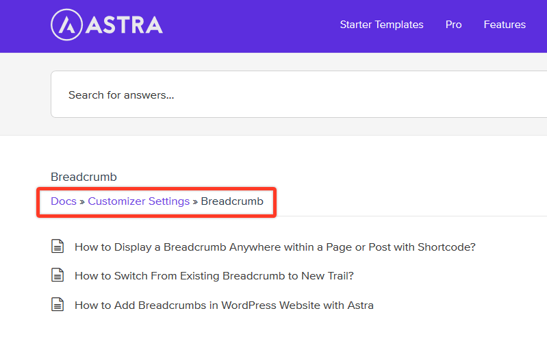 An example of WordPress breadcrumbs from the Astra Documentation page