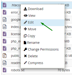 Arrow showing the context menu of the htaccess with edit option