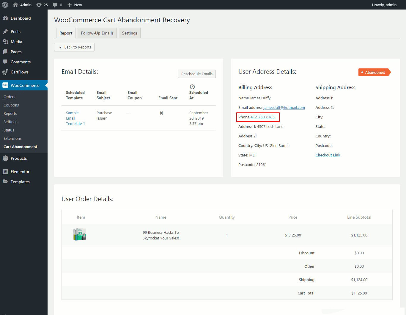 Cart Abandonment customer details