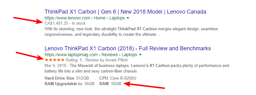 Google search results page showing samples of Rich Snippets