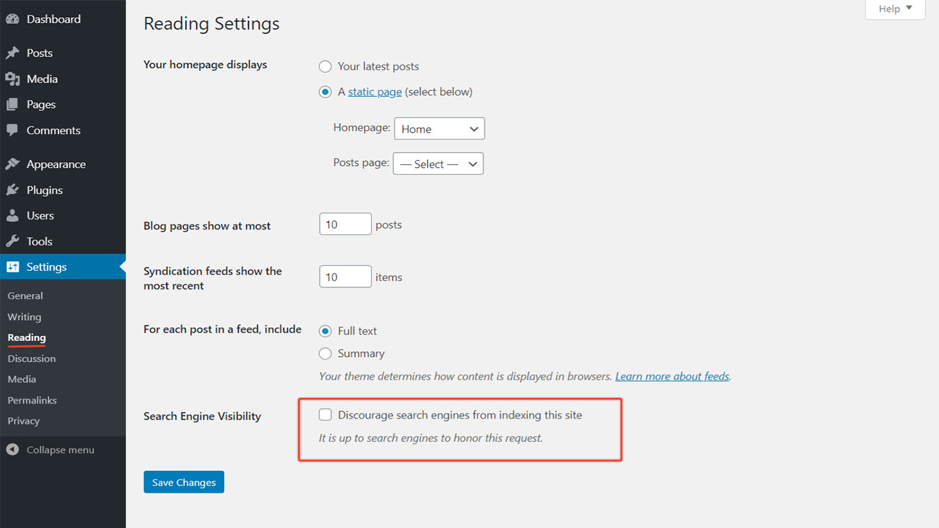 Search engine visibility settings