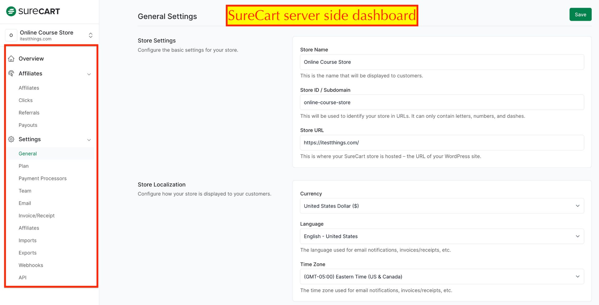 SureCart backend management 