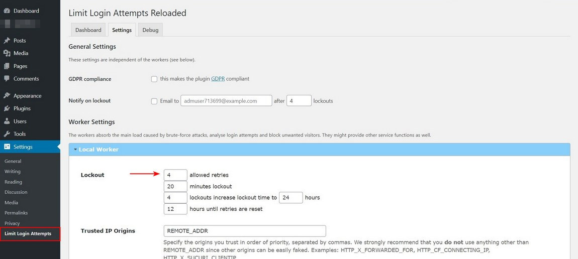 Limit Login Attempts Reloaded settings