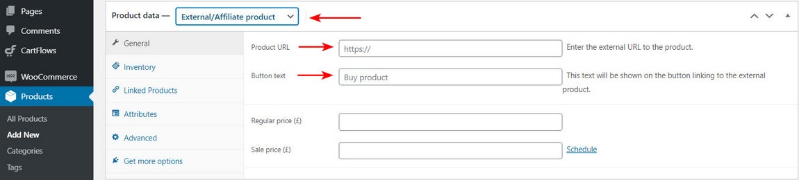 WooCommerce product data affiliate product