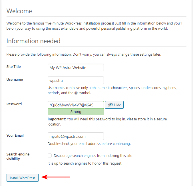 WordPress Installation settings