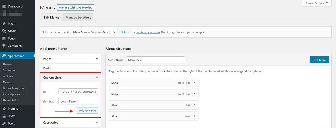 WordPress Menu add login url