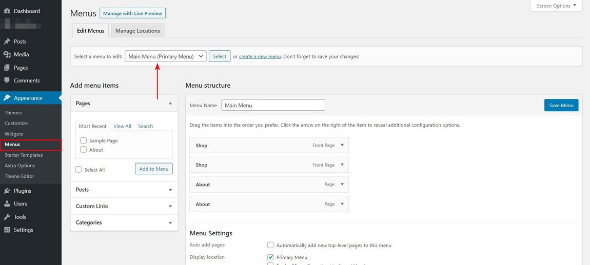 WordPress Menu page