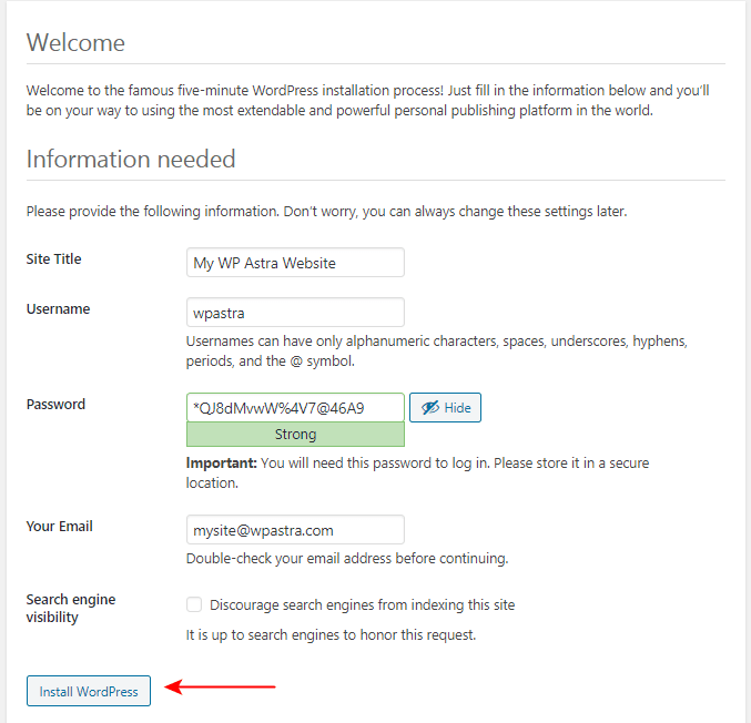 XAMPP WordPress installation settings