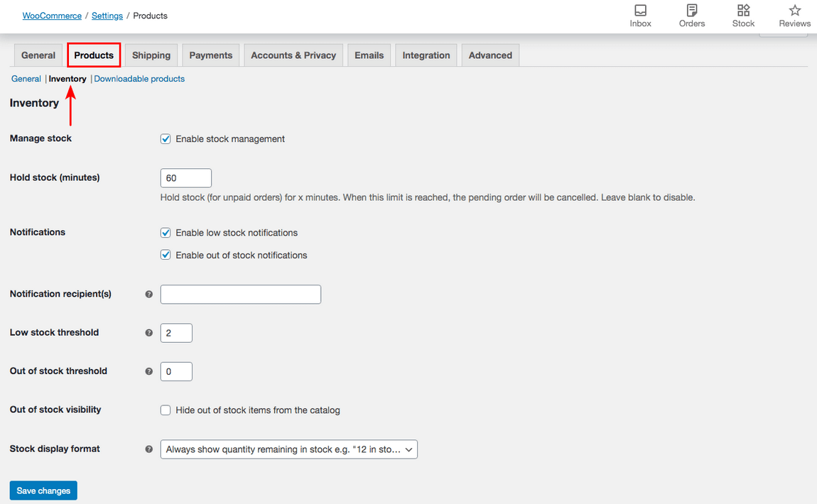 woocommerce products inventory settings
