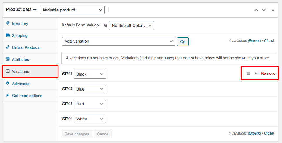 woocommerce variations setting