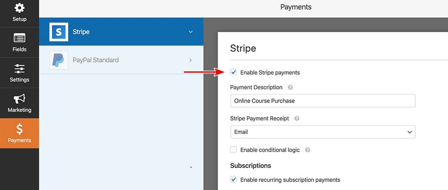 WP Form stripe settings