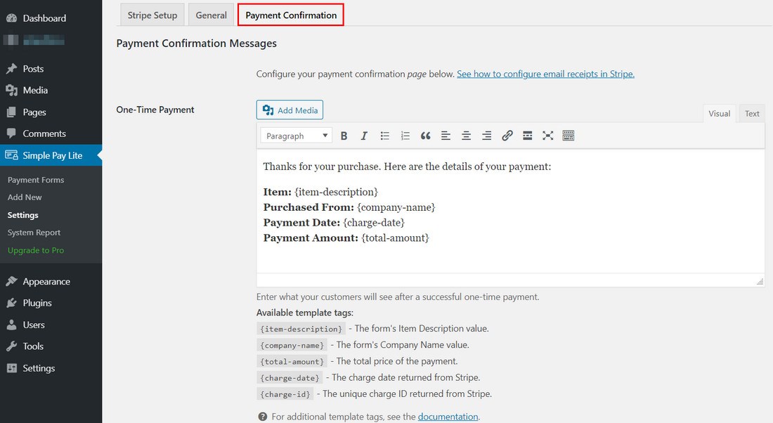 WP Simple pay lite payment confirmation