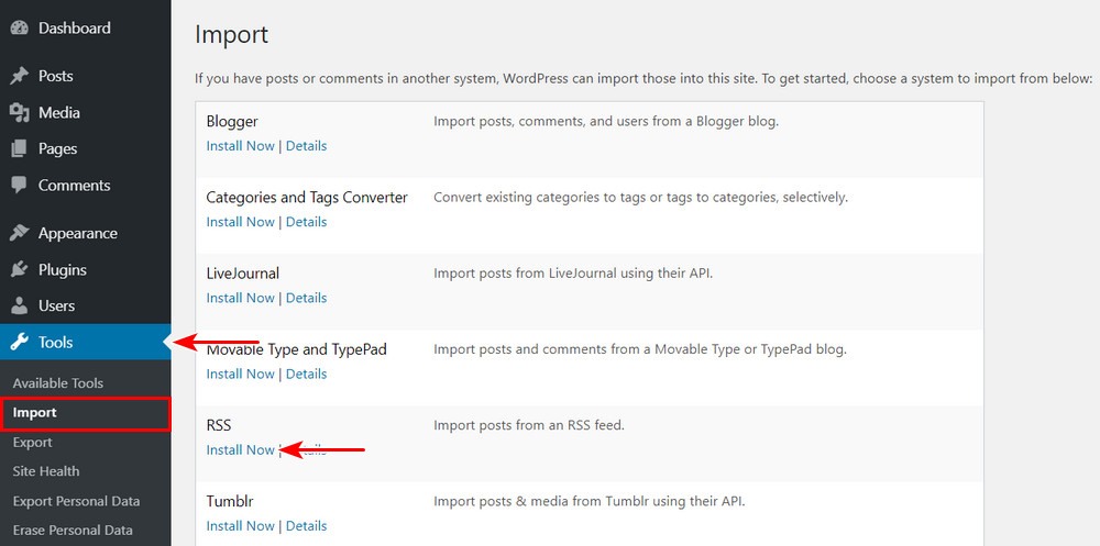 WordPress RSS importer