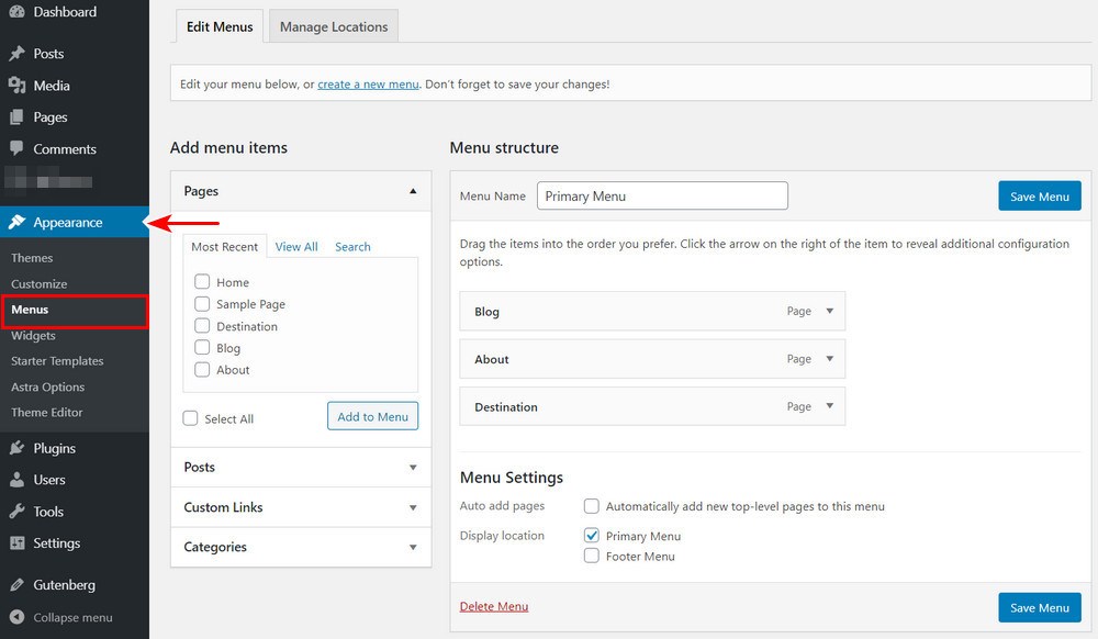 WordPress menu settings