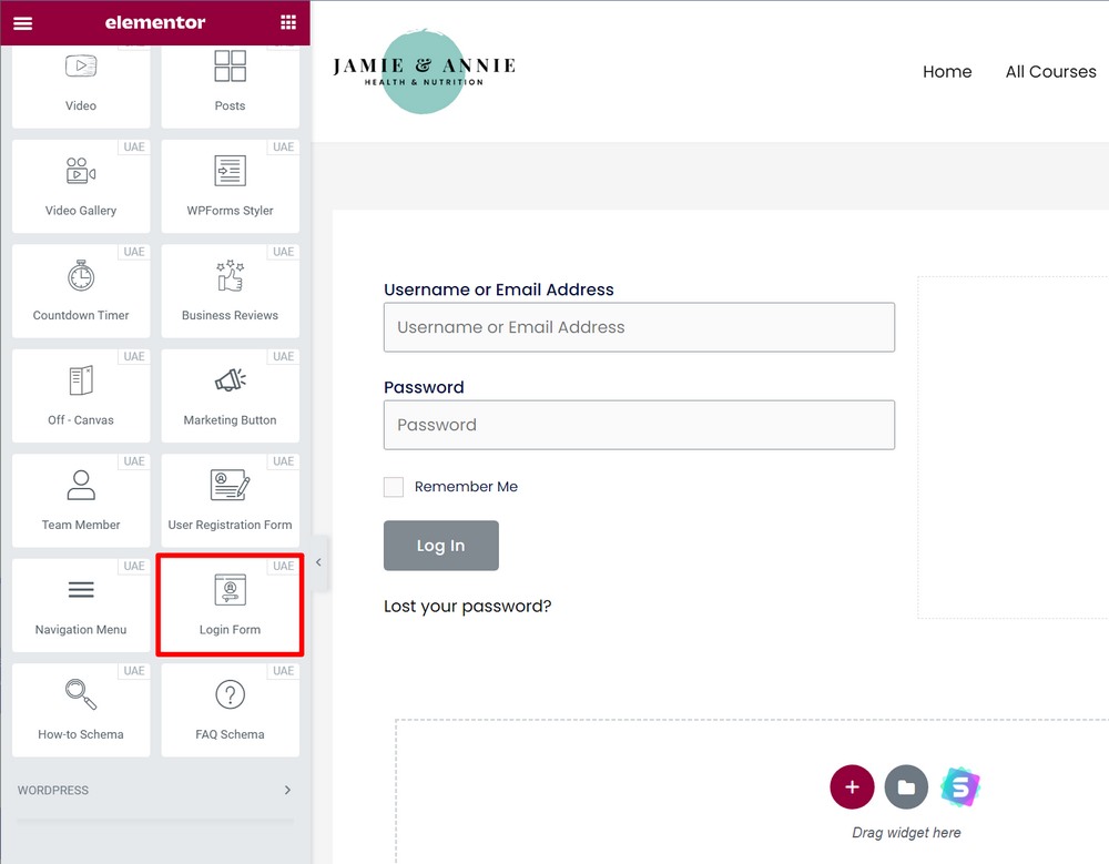 Login form using elementor