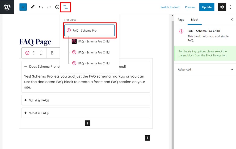 FAQ schema block setting 2