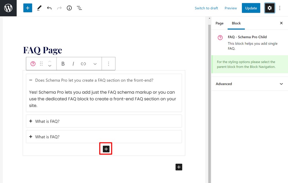 FAQ schema block setting