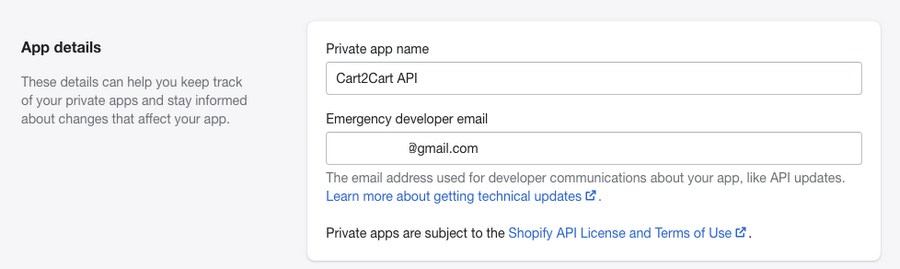 Shopify private app details