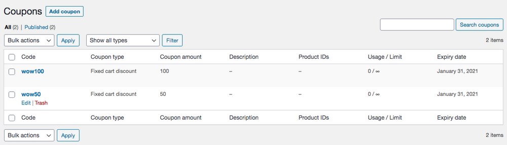 WooCommerce coupons