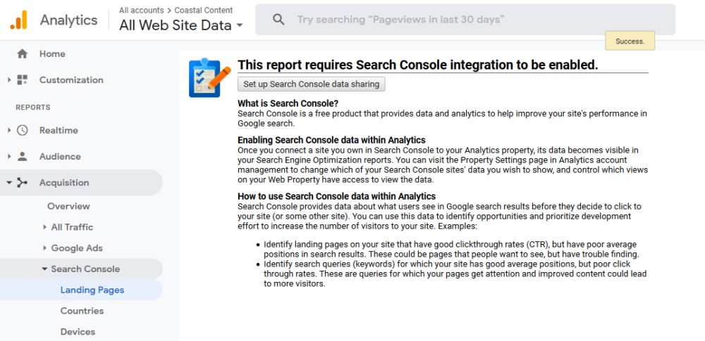 Google analytics and search console integration