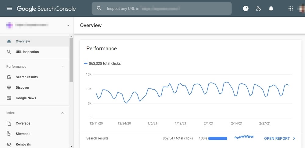 Google search console dashboard