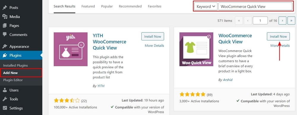 Install WooCommerce quick view plugin