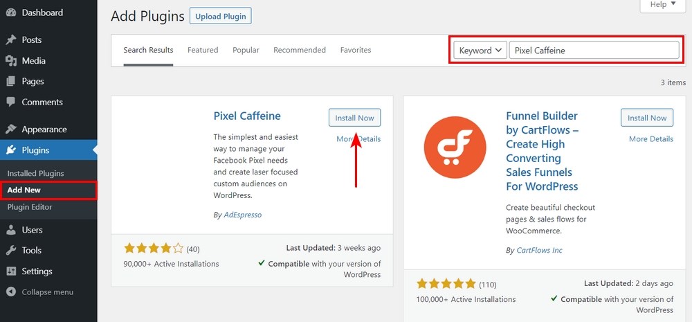 Install pixel caffeine WordPress plugin