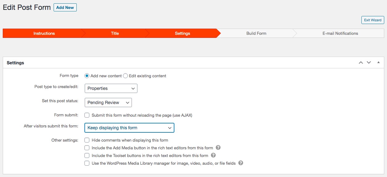 Post form wizard settings fill the details