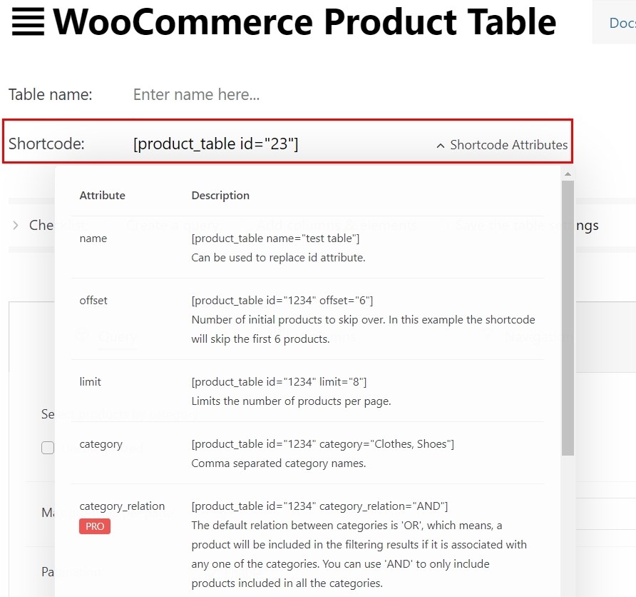 Product table shortcode