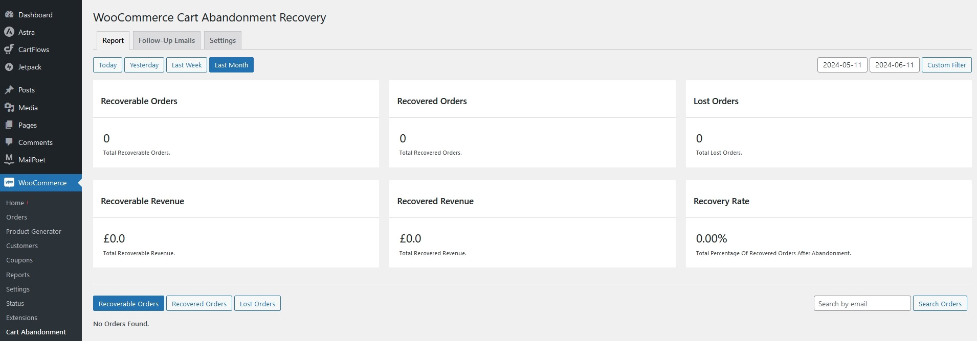 Cart recovery reports